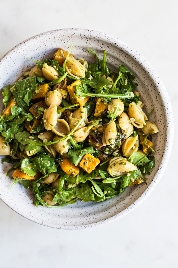 Roasted Butternut Squash, Zucchini & Arugula Pesto Pasta Salad | The Full Helping