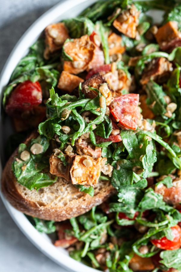 Tahini Mustard Sweet Potato, Lentil, and Arugula Salad | The Full Helping