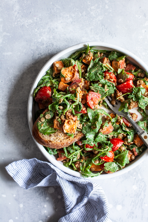 Tahini Mustard Sweet Potato, Lentil, and Arugula Salad | The Full Helping