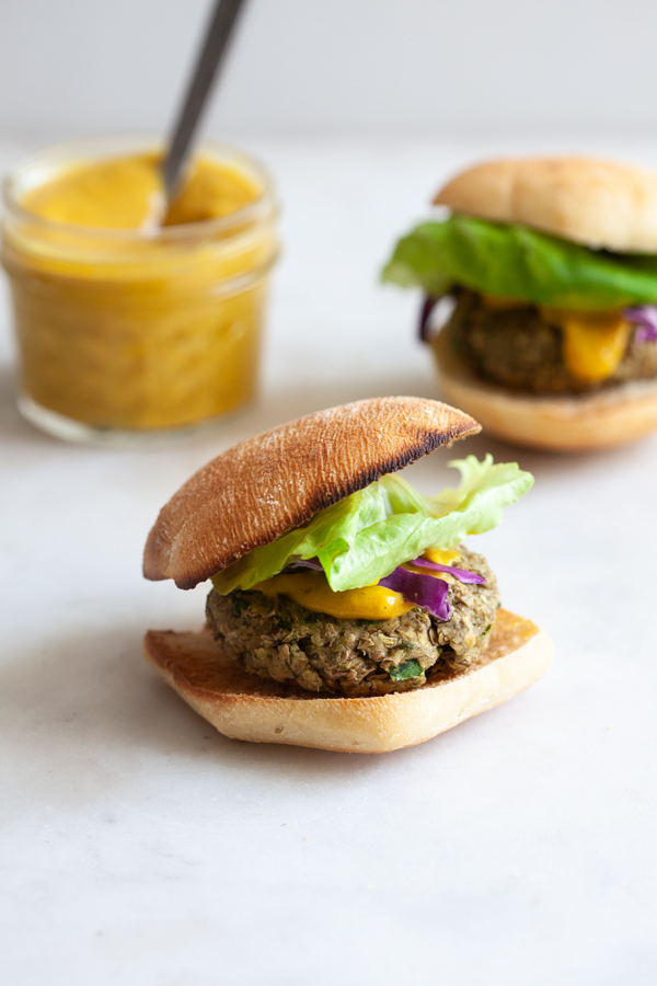 Green Lentil Hemp Seed Sliders with Spicy Dijon Date Mustard | The Full Helping