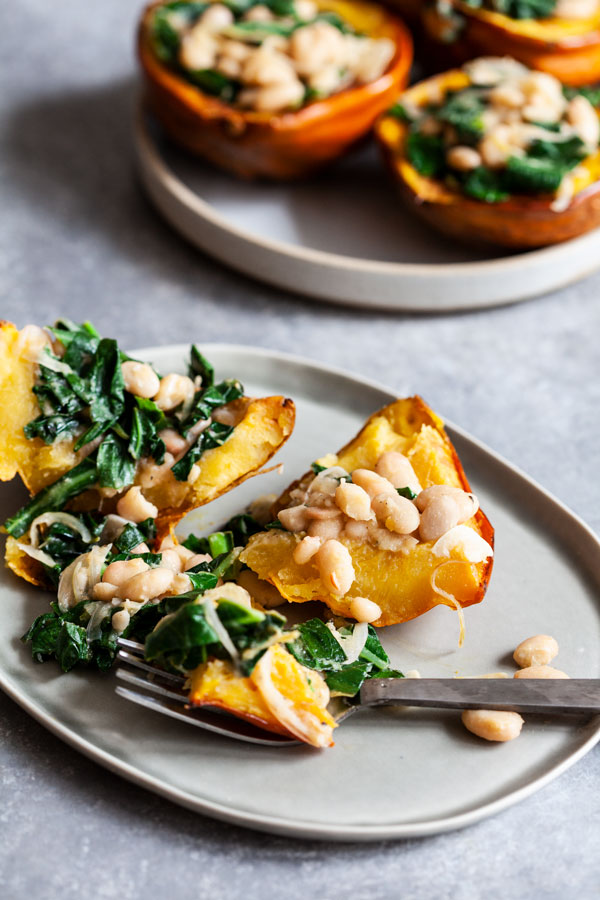 Stuffed Acorn Squash with Garlicky Beans & Greens | The Full Helping