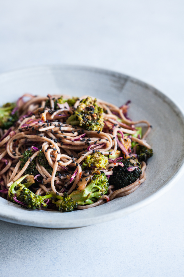 Roasted Broccoli & Kimchi Spicy Soba Noodle Toss | The Full Helping