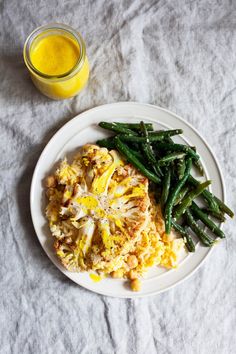 Cauliflower Steaks with Citrus Scented Rice and Creamy Orange Juice Turmeric Sauce | The Full Helping