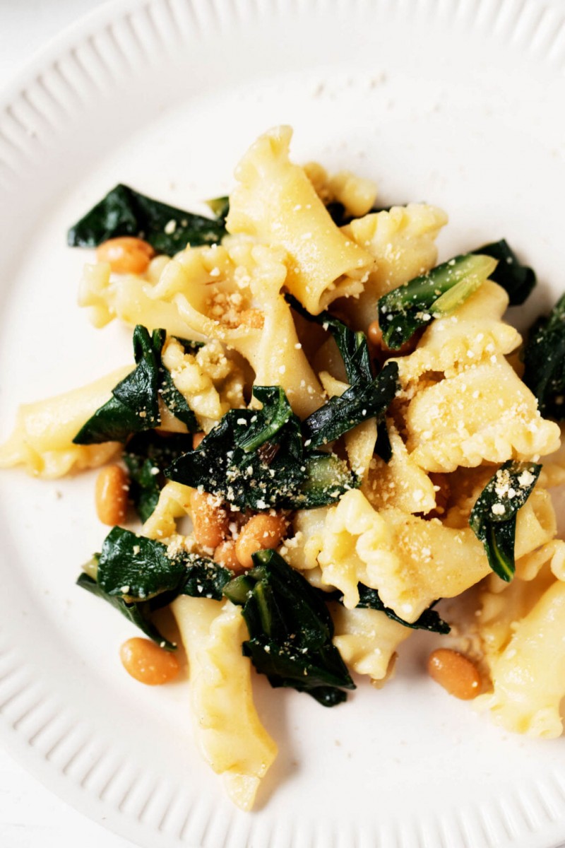 A close up photograph of a vegan pasta dish with dinosaur kale and beans.