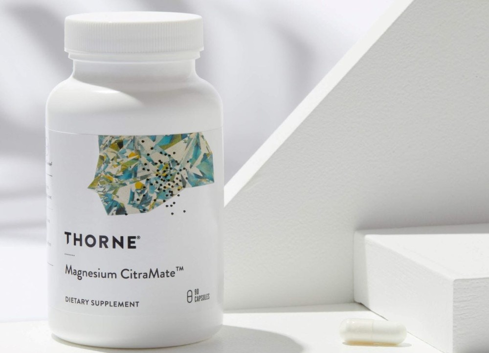 A bottle of Thorne Magnesium CitraMate supplement.