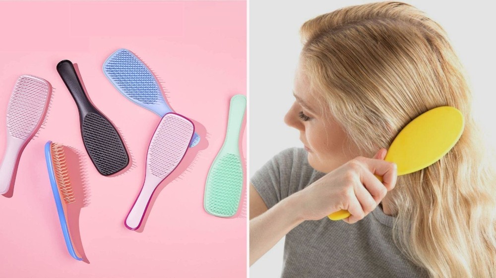 Colorful paddle brushes; a blonde woman using a yellow hairbrush