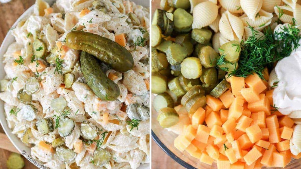 Two images displaying pasta salad filled with fresh dill and sliced pickles. The left image is the finished salad, and the right image is a bowl filled with all the ingredients used to make the dish.