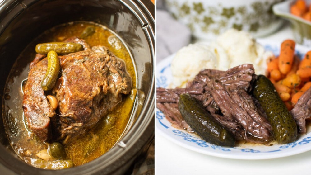 Two images: The left image features a slowcooker filled with a slow cooked pot roast topped with pickles and garlic. The right image shows a plate of fall apart tender pot roast served with mashed potatoes and carrots.