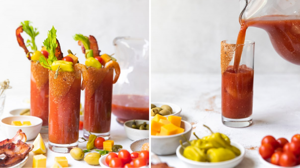 Two images of a spicy bloody mary filled with garnishes like pepperoncinis, pickles, tomatoes, celery, shrimp and bacon including an image of one being built.