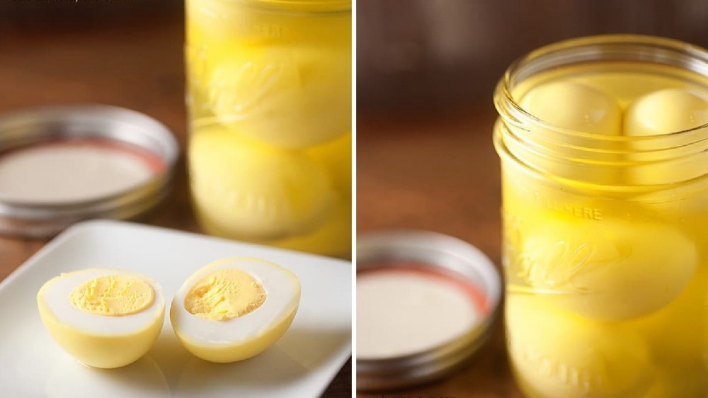 Two images featuring pickled eggs using pickled juice. The left image shows the yellowing results of adding hard boiled eggs to pickle juice.