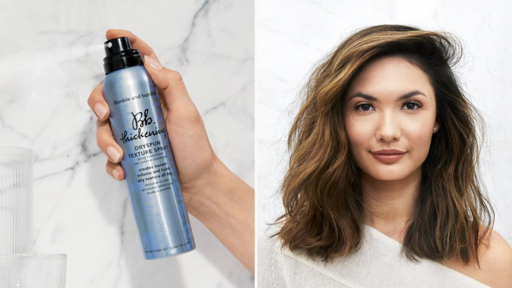 A person holds an aerosol texture spray, and a woman's hair is styled with light waves.