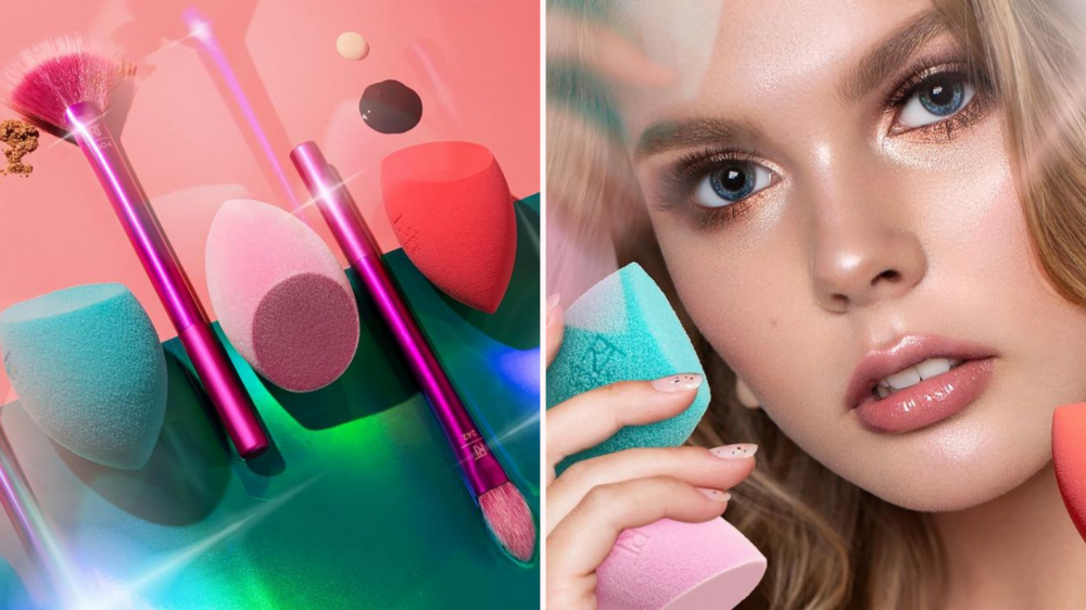 Colorful Real Techniques makeup brushes are arranged in a row, and a woman hold multiple makeup sponges.