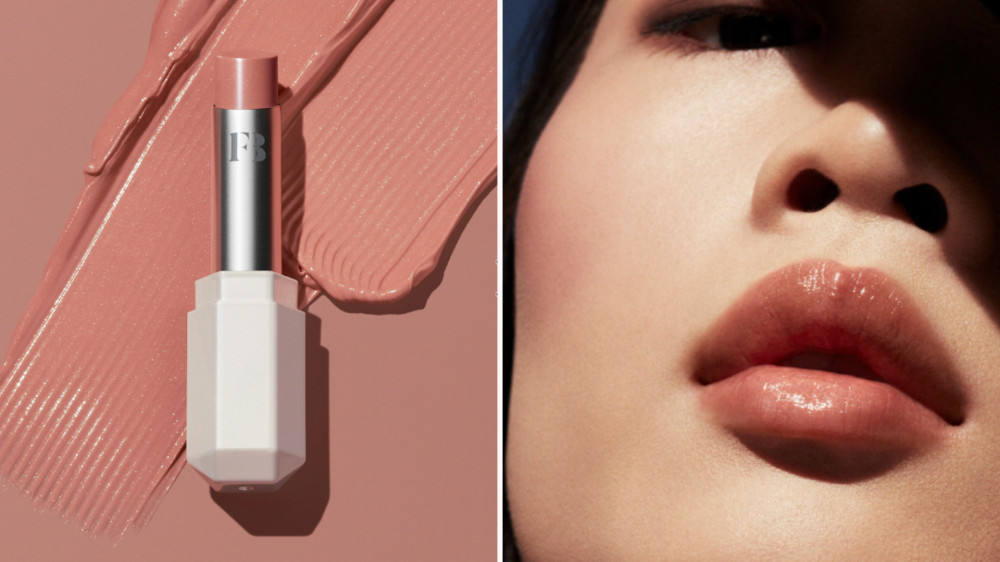 On the left, the lipstick rests on a smear of the shade; on the right, a woman models the color.