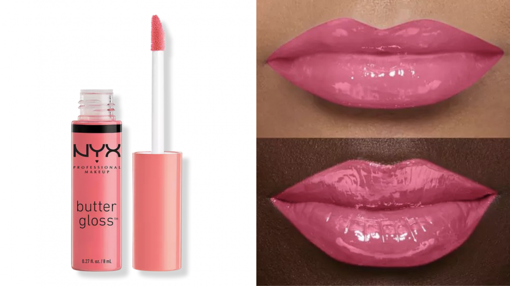 Two people wear a pink coral lip gloss from NYX.