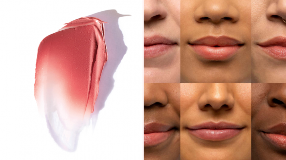 On the left is a smear of the color; on the right, a collage of women with different skin tones model the color.